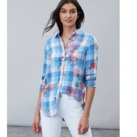 Joules 100% Linen Plaid Floral Print Button Down Shirt Size US 8 Blue Preppy - Picture 1 of 8